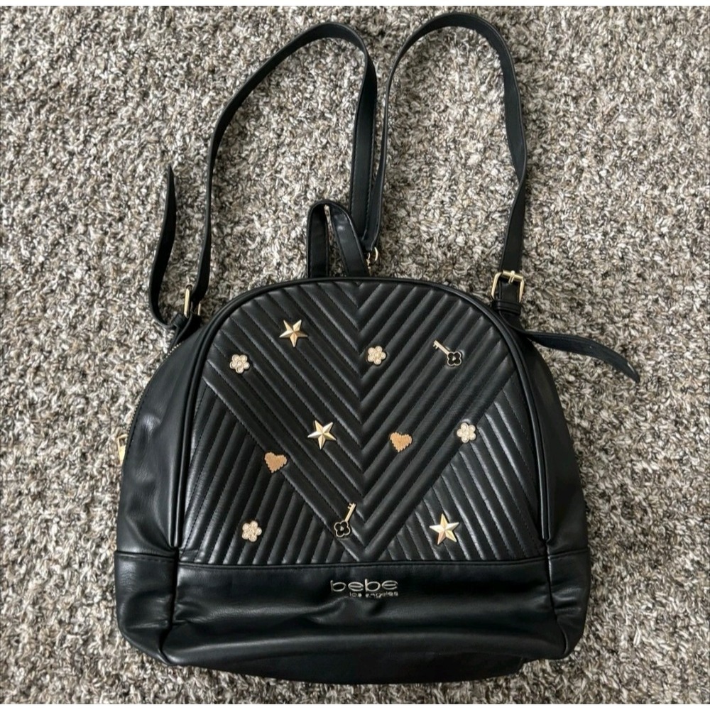 Bebe Los Angeles Black Faux Leather Mini Backpack Charm Bag Heart Key Star 10x12